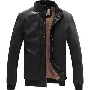 Men's Black Leather Stand Collar Fleece Lined Bomber Faux Jacket